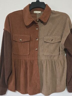 Two-Tone Corduroy Peplum Jacket - Brown & Tan